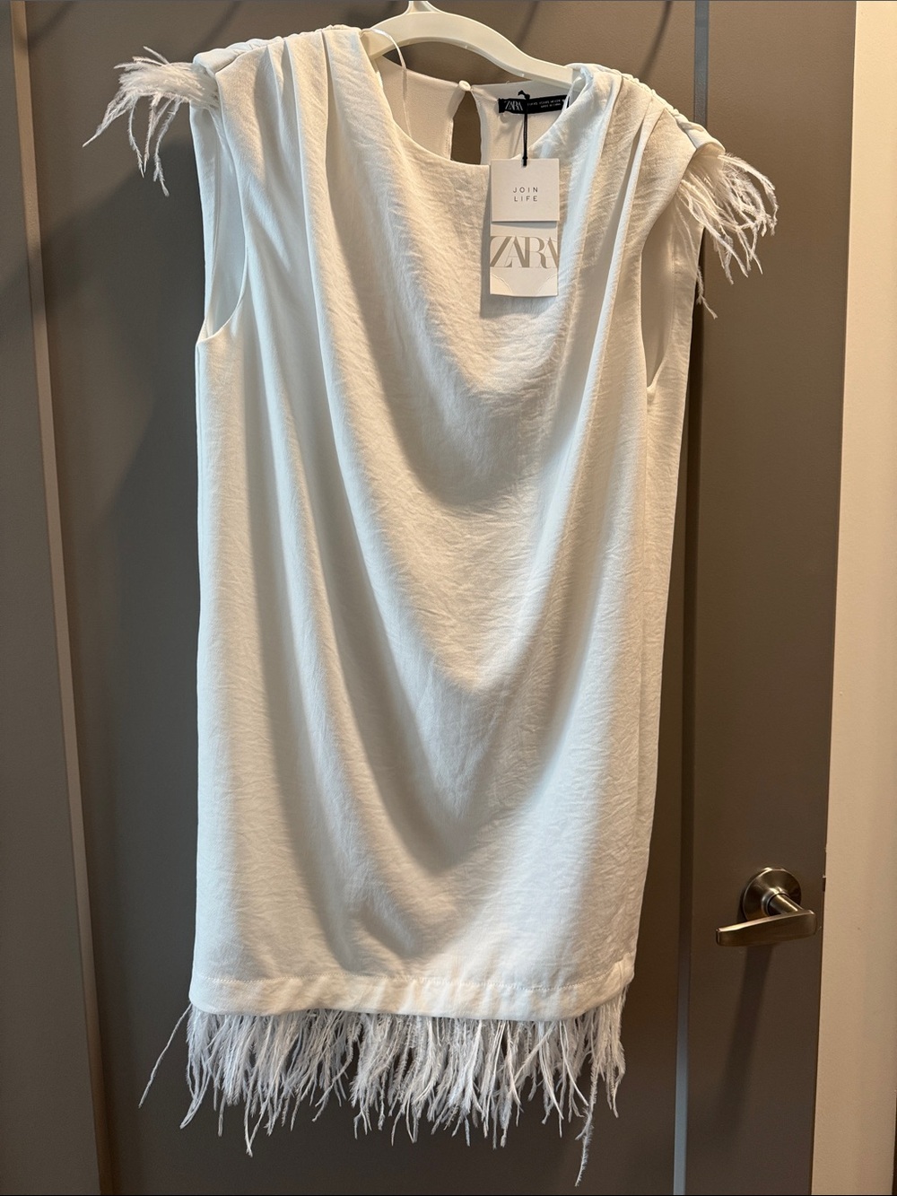 Zara white/Cream Feather-Trim Sleeveless mini dress